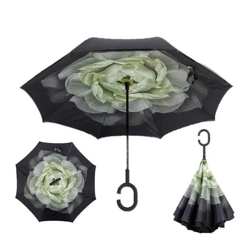 Green Flower Double Layer Inverted Umbrella Shaped Handle