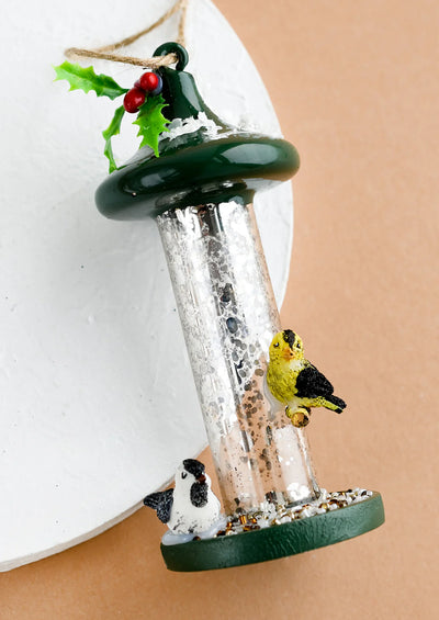 Glass bird feeder ornament, resin top and bottom