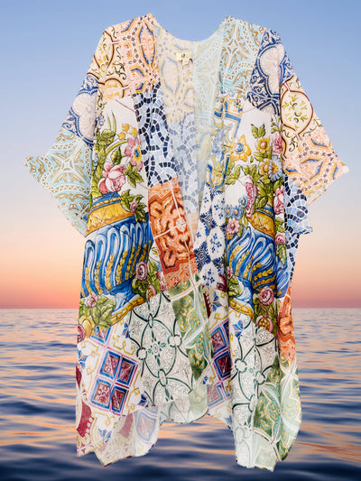 Blue - Orange Boho Floral Artwork Kimono - Lemon And Lavender Toronto