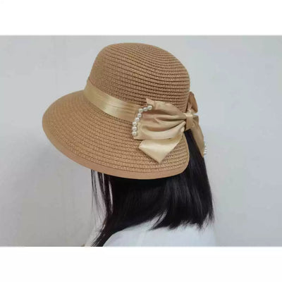 Wide Brim Summer Hat with Decorative Pearls and Bow
