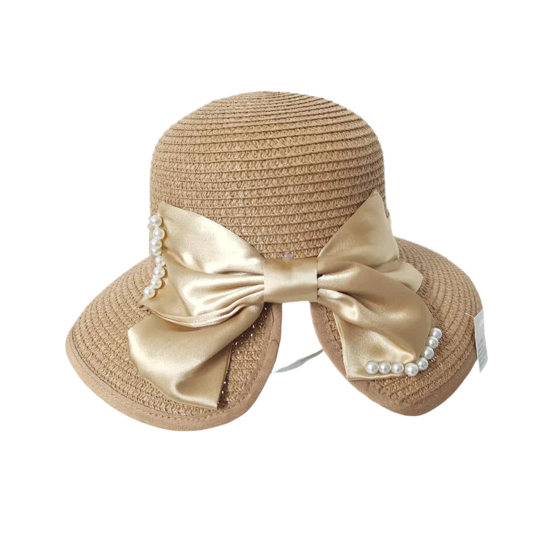 Wide Brim Summer Hat with Decorative Pearls and Bow
