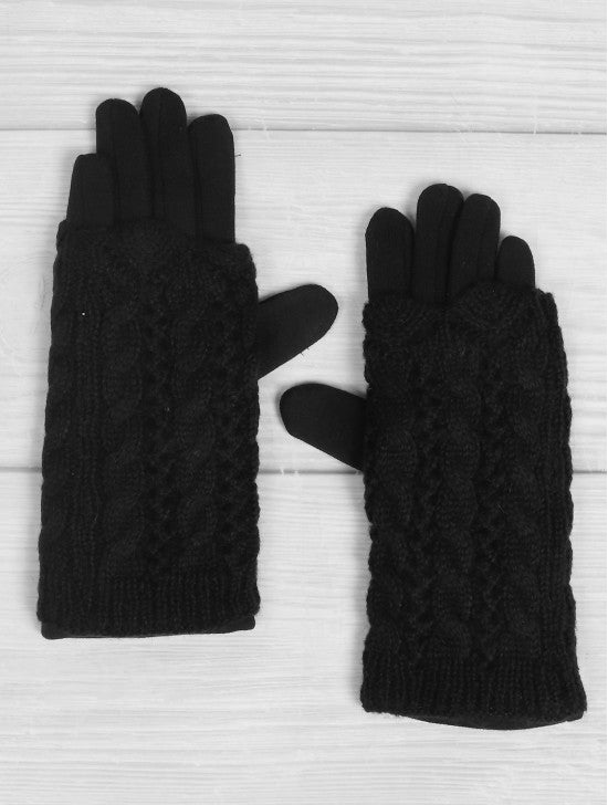 Cable Knitted Double Layered Gloves (3 ways to wear) Black - Lemon And Lavender Toronto