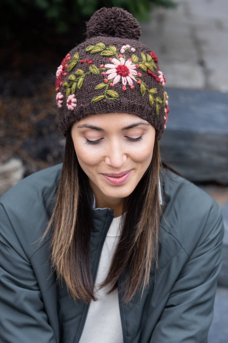 Lost Horizons Canada - Olivia Hand-Embroidered Wool Hat with Pom