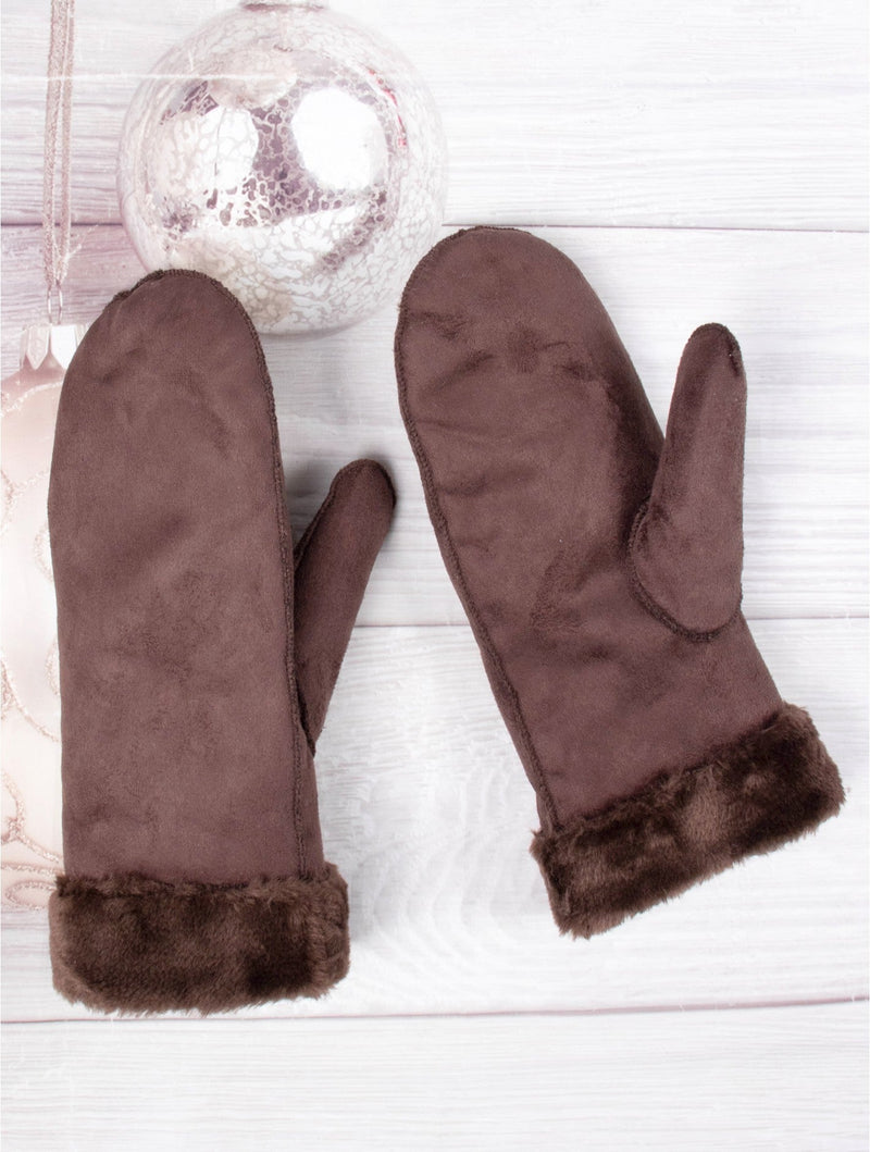 Dark Brown Suede Mittens W/ Fur Trim - Lemon And Lavender Toronto