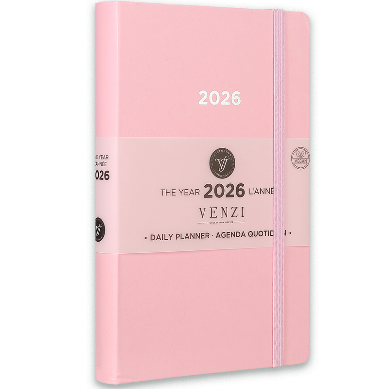 2026 Venzi Daily Planner – Pink Vegan Leather with Elastic