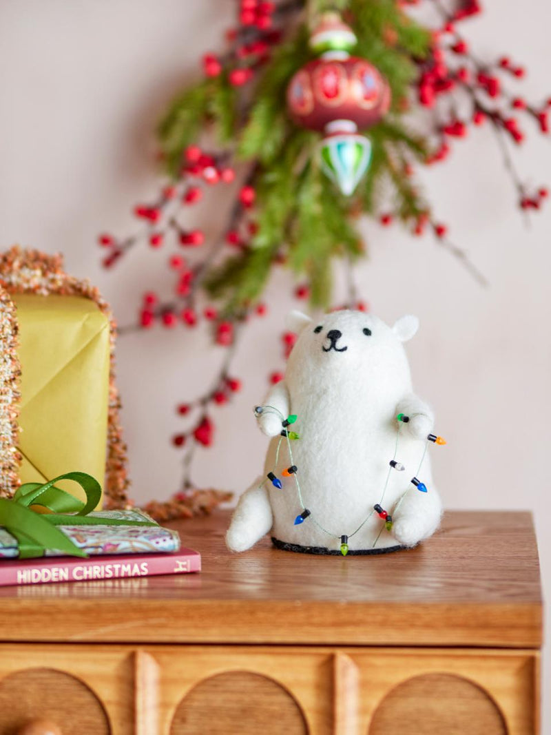 Light Up Felt Christmas Polar Bear with String Lights