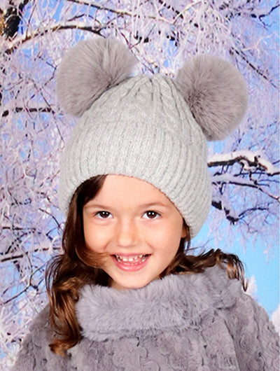 Grey Double Pom Pom Knitted Hat - KIDS - Lemon And Lavender Toronto