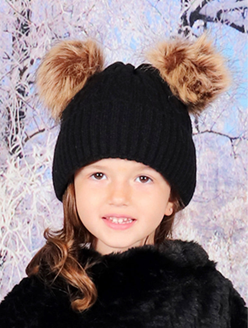 Kids Black Double Pom Pom Knitted Hat - Lemon And Lavender Toronto