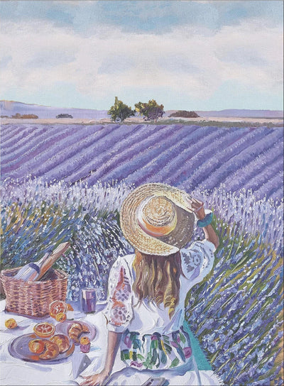 Lady sitting with a Picnic in a Lavender Field - KITCHEN LINEN - Lemon And Lavender Toronto