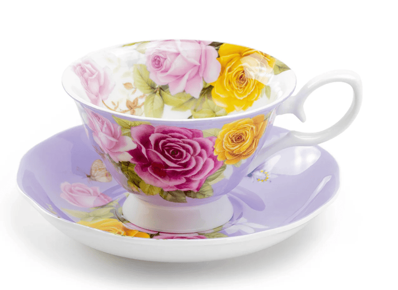 Lavender Rose Bouquet - Bone China Teacup & Saucer - Lemon And Lavender Toronto