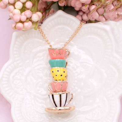 Mad Hatter Pastel Teacup Stack Gold Necklace - Lemon And Lavender Toronto