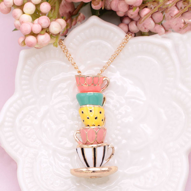 Mad Hatter Pastel Teacup Stack Gold Necklace - Lemon And Lavender Toronto