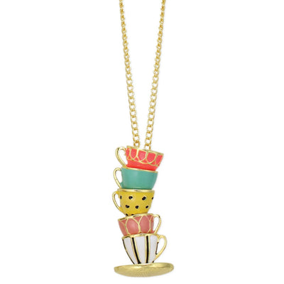 Mad Hatter Pastel Teacup Stack Gold Necklace - Lemon And Lavender Toronto