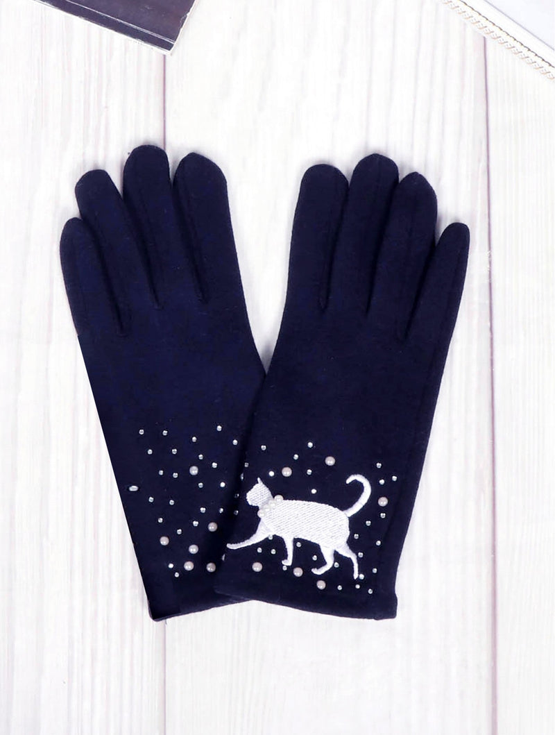 Navy Blue Colour Cat Design Touch Screen Gloves - Lemon And Lavender Toronto