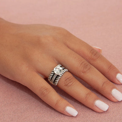 Oxidized Metal Ribbed Design with CZ Stretch Ring