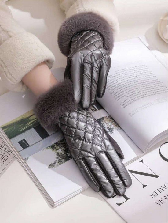 Solid Colour Shiny Bubble Gloves W Faux Fur Trim - Lemon And Lavender Toronto