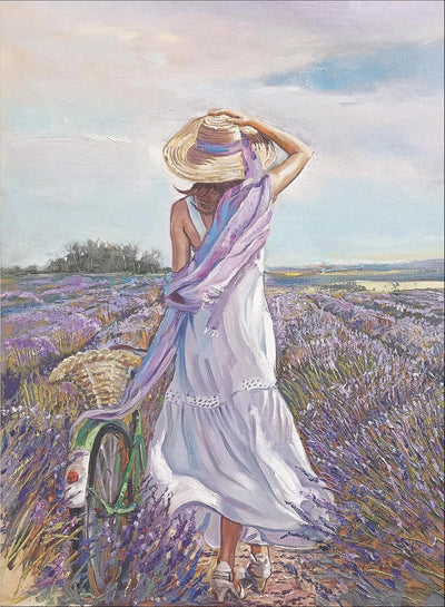 Standing Lady with Bike Lavender Field - KITCHEN LINEN - Lemon And Lavender Toronto