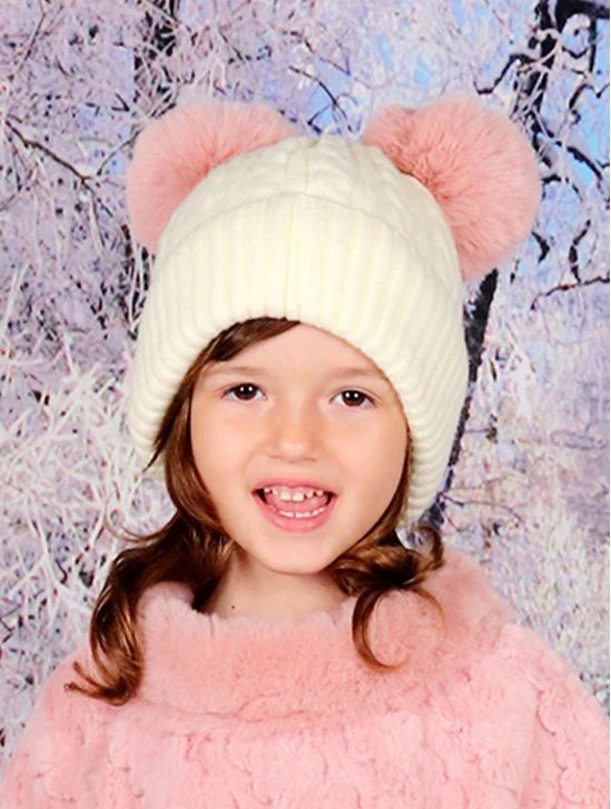 White with Pink Double Pom Pom Knitted Hat - Lemon And Lavender Toronto