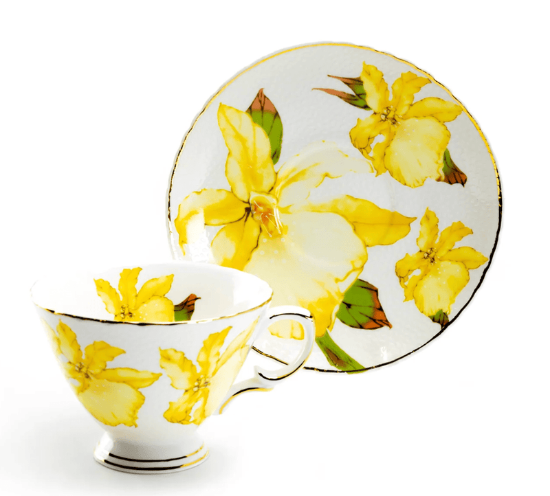 Yellow Iris Floral - Fine Porcelain Teacup & Saucer - Lemon And Lavender Toronto