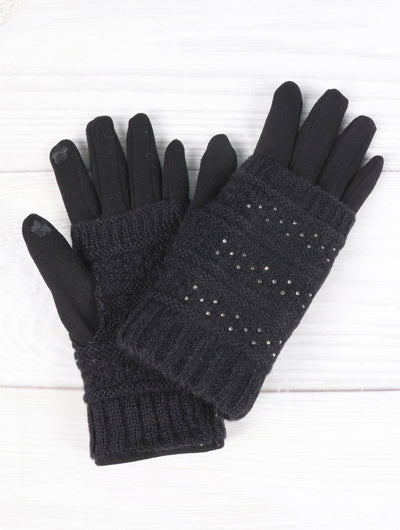 Black Cable Knit Double Layered Touch Screen Gloves W/ Rhinestones - Lemon And Lavender Toronto