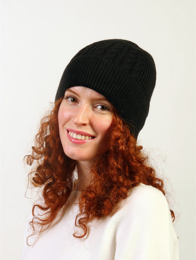 Black Cable Knitted Lined Hat With Brim - Lemon And Lavender Toronto