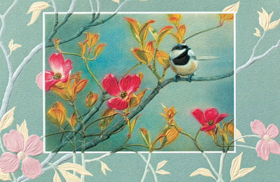 Chickadee in Pink Dogwood Greeting Card - Lemon And Lavender Toronto