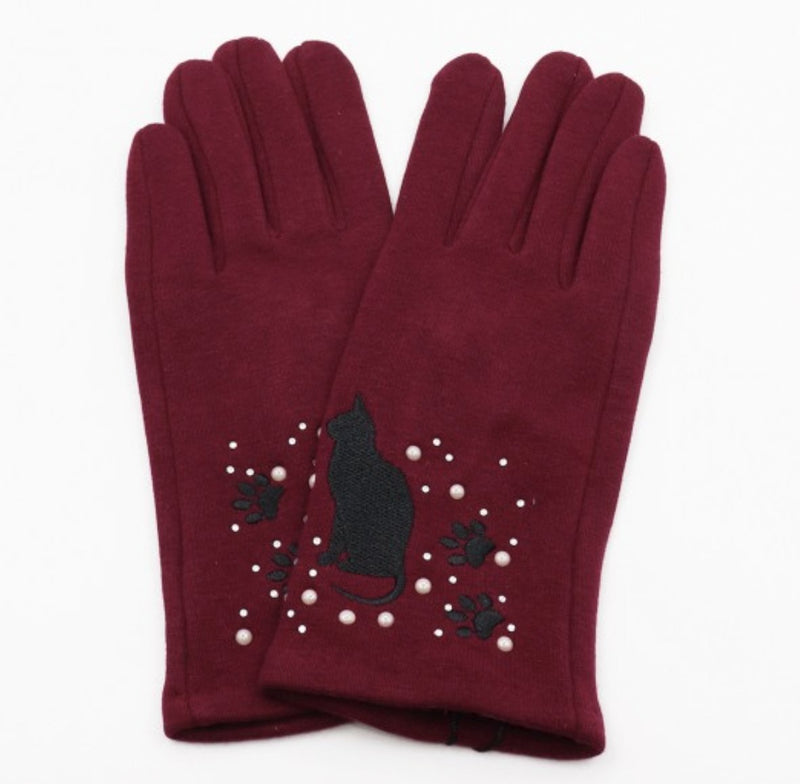 Cranberry Colour Cat Design Touch Screen Gloves - Lemon And Lavender Toronto