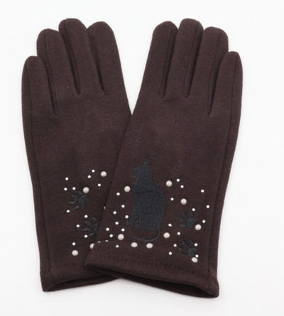 Dark Brown Cat Design Touch Screen Gloves- - Lemon And Lavender Toronto