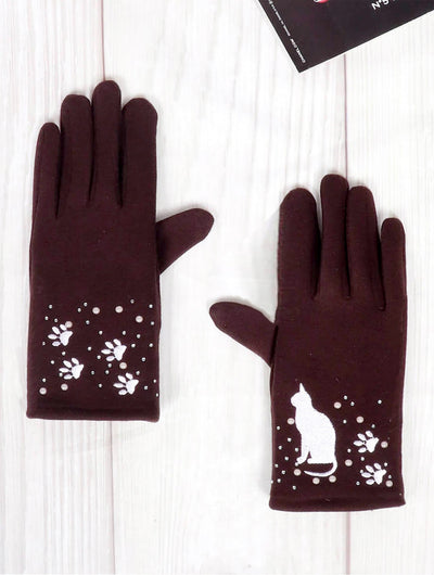 Dark Brown Cat Design Touch Screen Gloves with white details - Lemon And Lavender Toronto