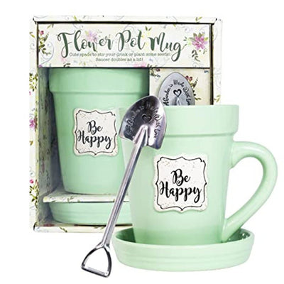 Green Flower Pot Mug - "Be Happy" - Lemon And Lavender Toronto