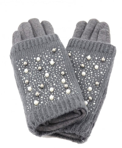 Grey Double Layer Touch Screen Glove W/ Pearl Rhinestone - Lemon And Lavender Toronto
