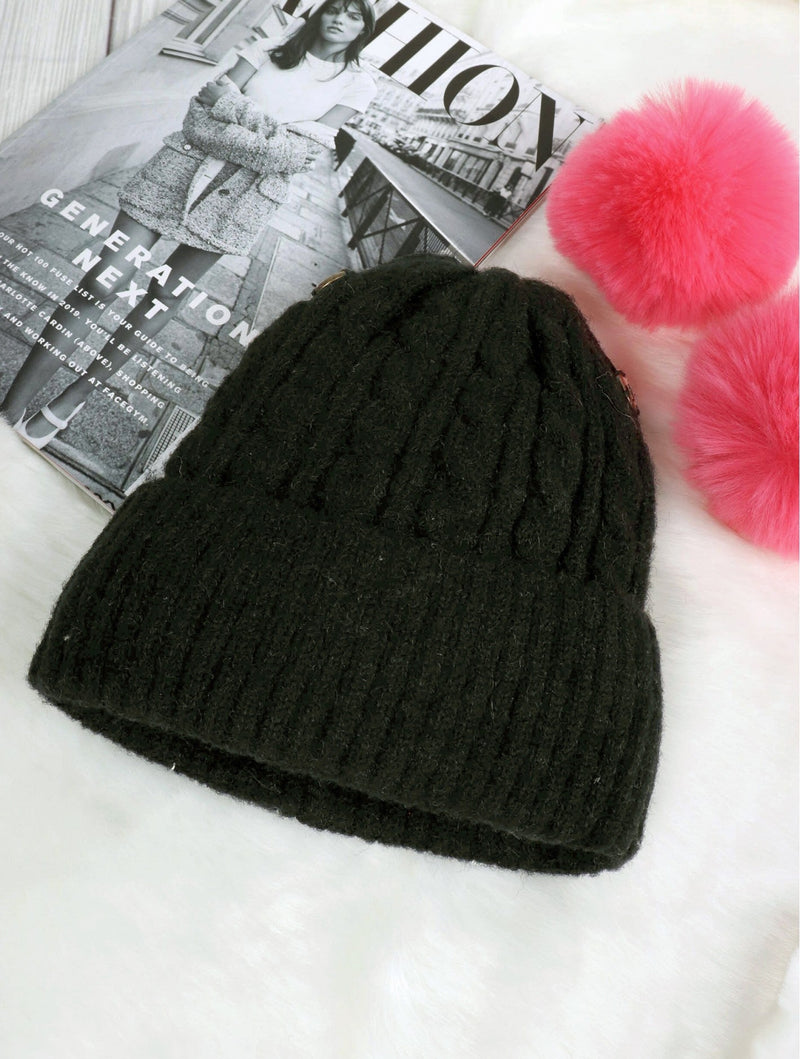 Kids Black & Fuschia Double Pom Pom Knitted Hat - Lemon And Lavender Toronto