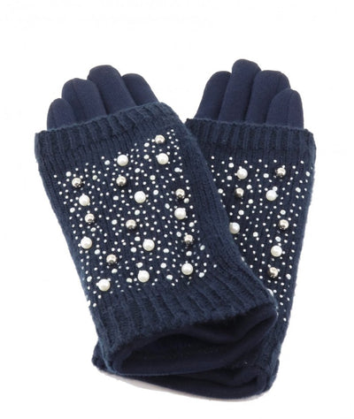 Navy Blue Double Layer Touch Screen Glove W/ Pearl Rhinestone - Lemon And Lavender Toronto