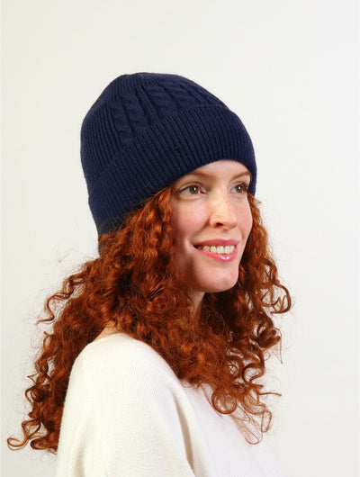 Navy Cable Knitted Lined Hat With Brim - Lemon And Lavender Toronto