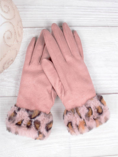 Pink touch screen gloves with faux leopard trim - Lemon And Lavender Toronto