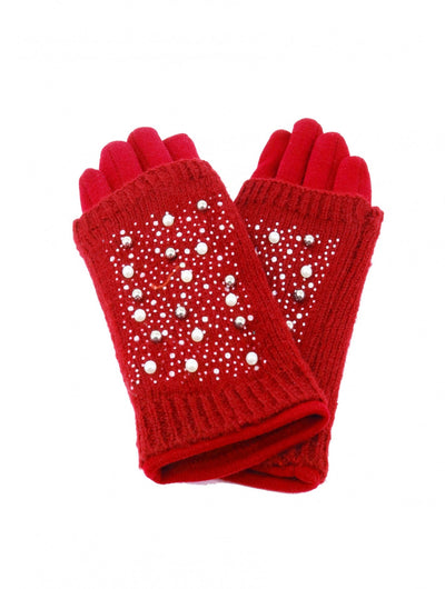 Red Double Layer Touch Screen Glove W/ Pearl Rhinestone - Lemon And Lavender Toronto
