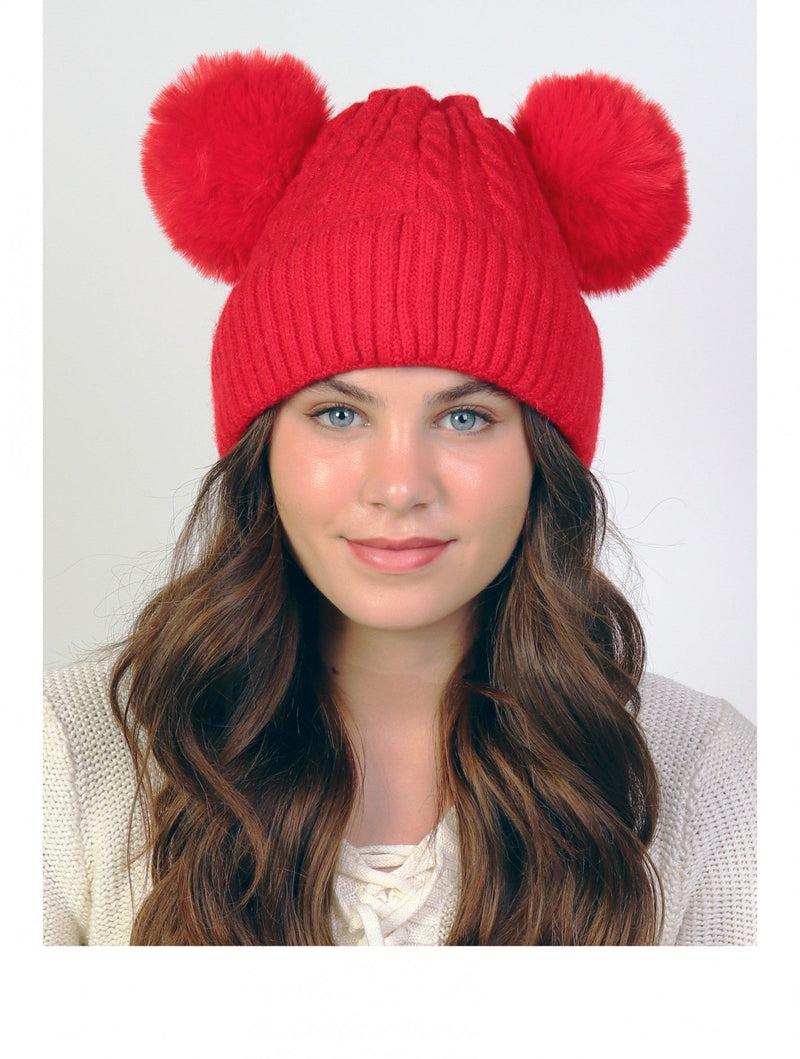 Red Double Pom Pom Knitted Hat - Lemon And Lavender Toronto