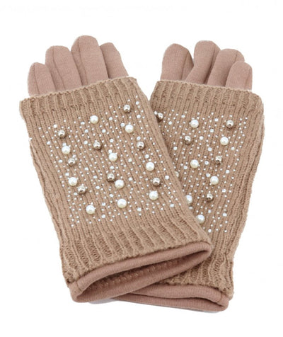 Taupe Double Layer Touch Screen Glove W/ Pearl Rhinestone - Lemon And Lavender Toronto