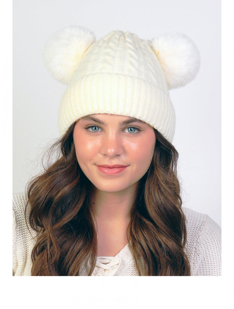 White Double Pom Pom Knitted Hat - Lemon And Lavender Toronto