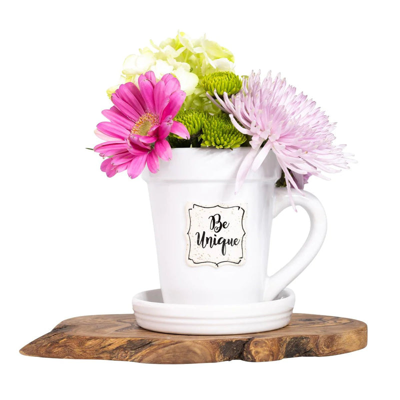 White Flower Pot Mug - “Be Unique” - Lemon And Lavender Toronto